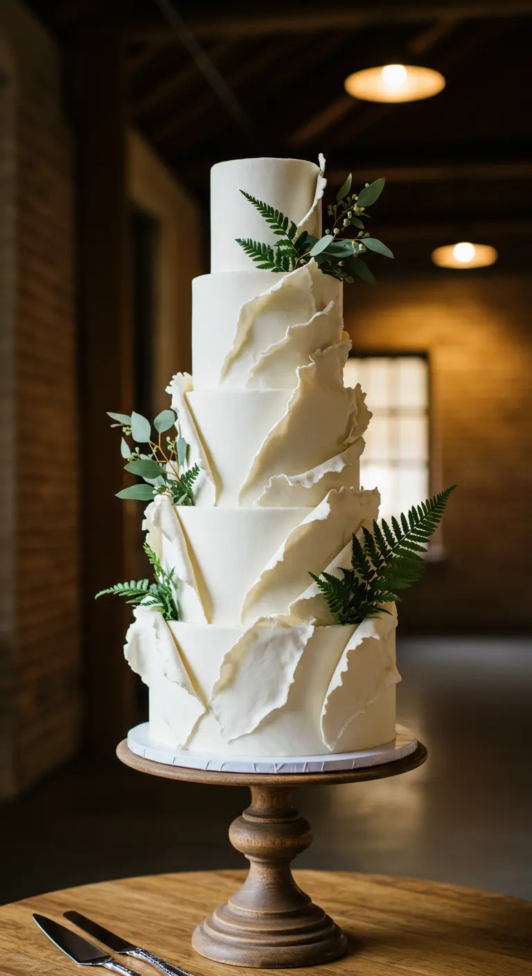 Weiße Hochzeitstorte mit wellenförmigen Esspapier-Elementen und Farnzweigen.