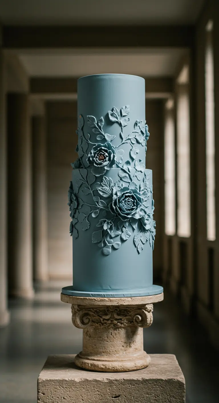 Hohe, zweistöckige Torte in Dusty Blue mit einer Ton-in-Ton-Blütendekoration im Bas-Relief-Stil.