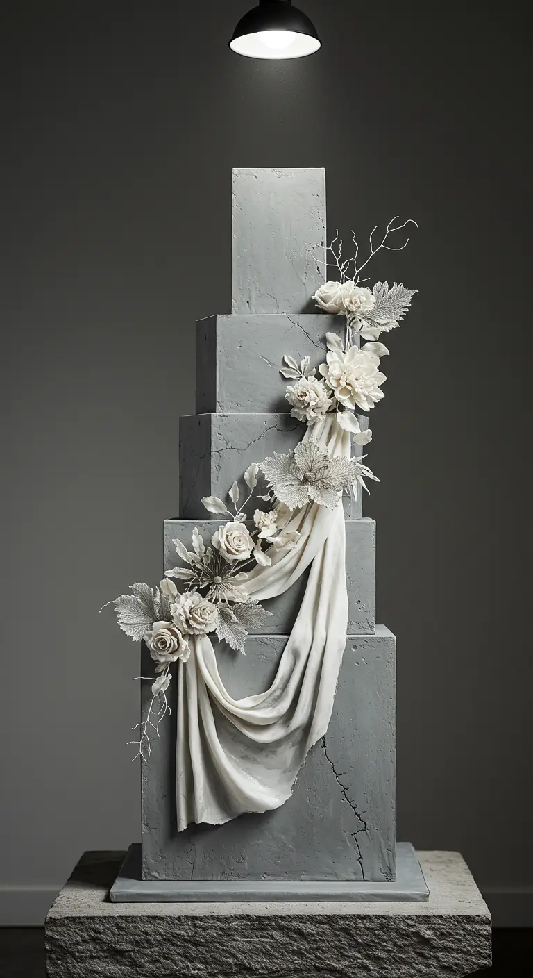 Graue, mehrstöckige Hochzeitstorte in Steinoptik mit weißer Stoffdrapierung und passenden Blüten.