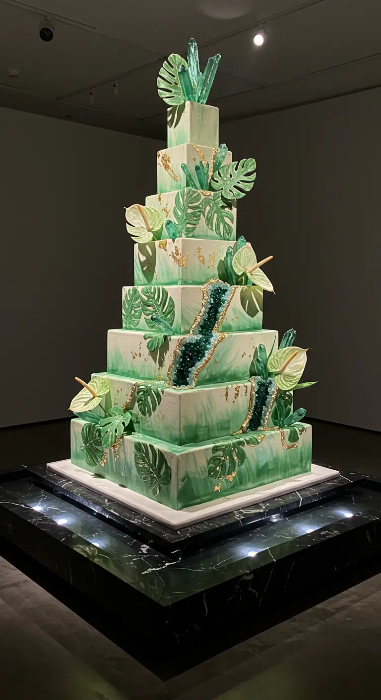 Hohe, gestapelte Torte in Grüntönen mit Isomalt-Kristallen, goldenen Akzenten und Monstera-Blättern.