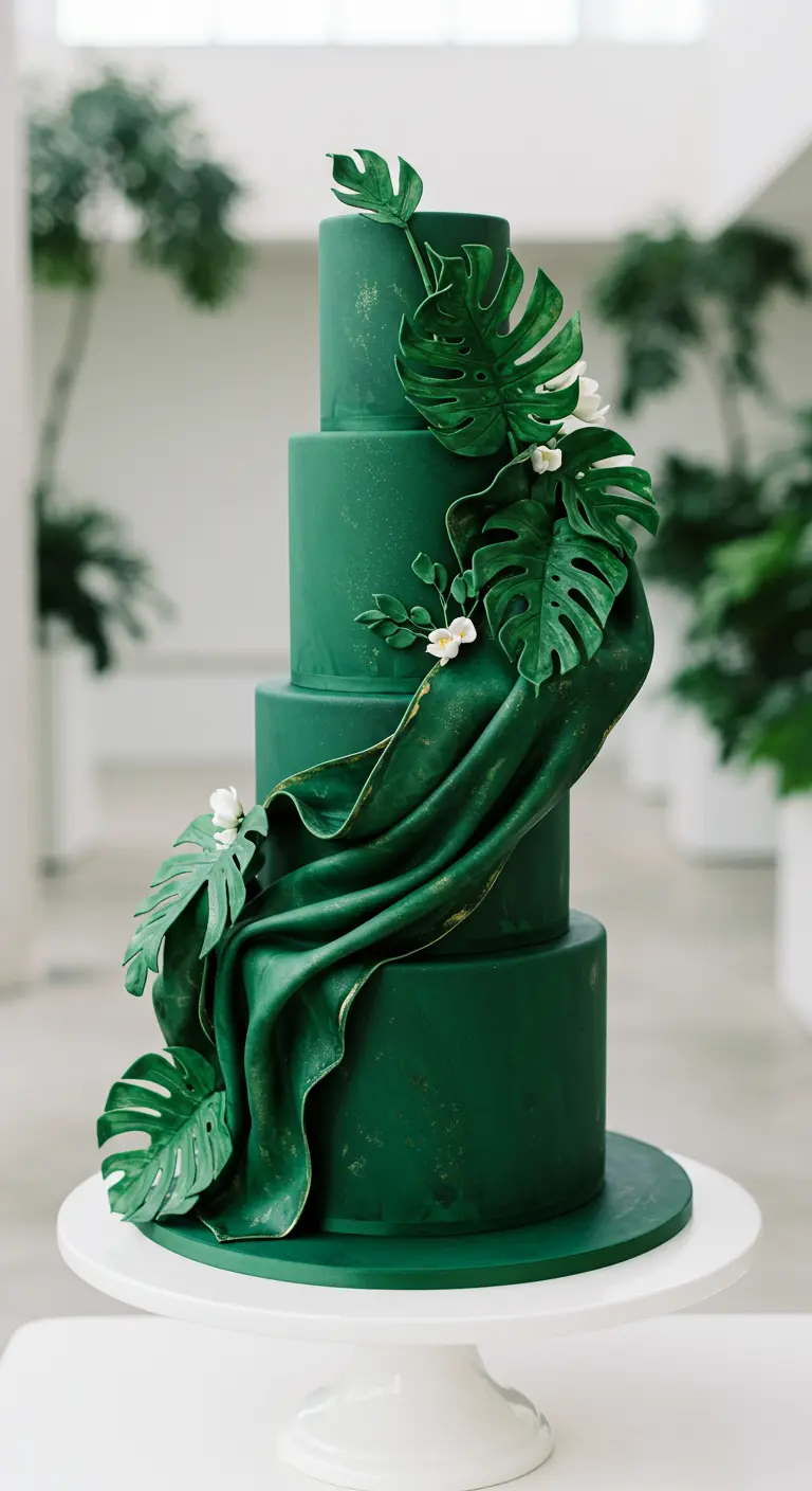 Mehrstöckige, smaragdgrüne Hochzeitstorte mit drapierter Stoffoptik, großen Monstera-Blättern und kleinen weißen Blüten.