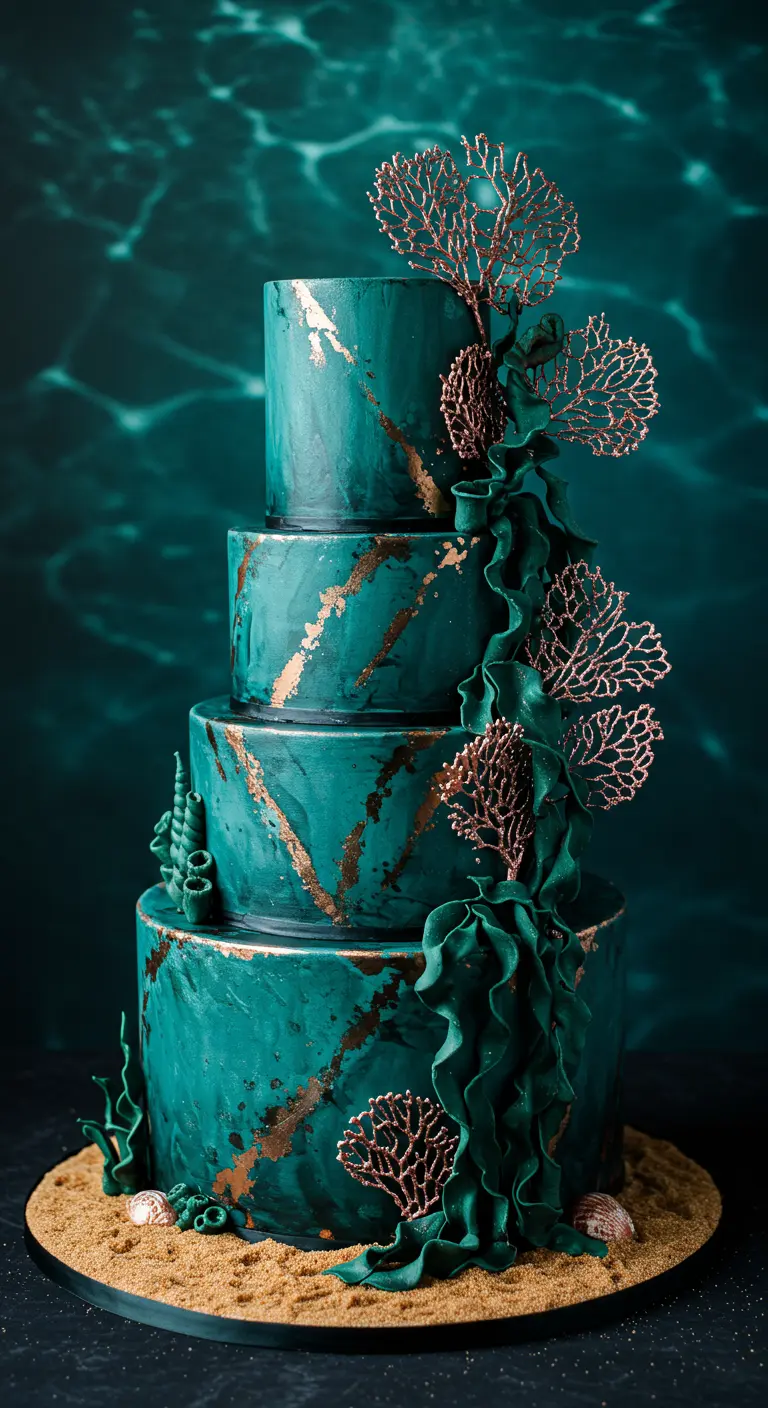 Vierstöckige, smaragdgrüne Torte im Unterwasser-Look mit Roségold-Korallen und Algen aus Fondant.