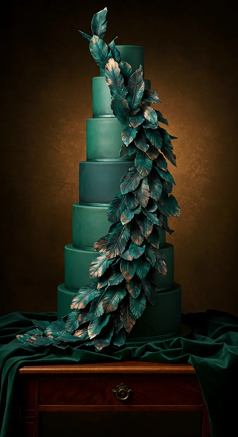 Dunkelgrüne Hochzeitstorte mit einer dichten, schimmernden Federkaskade in Türkis und Gold.