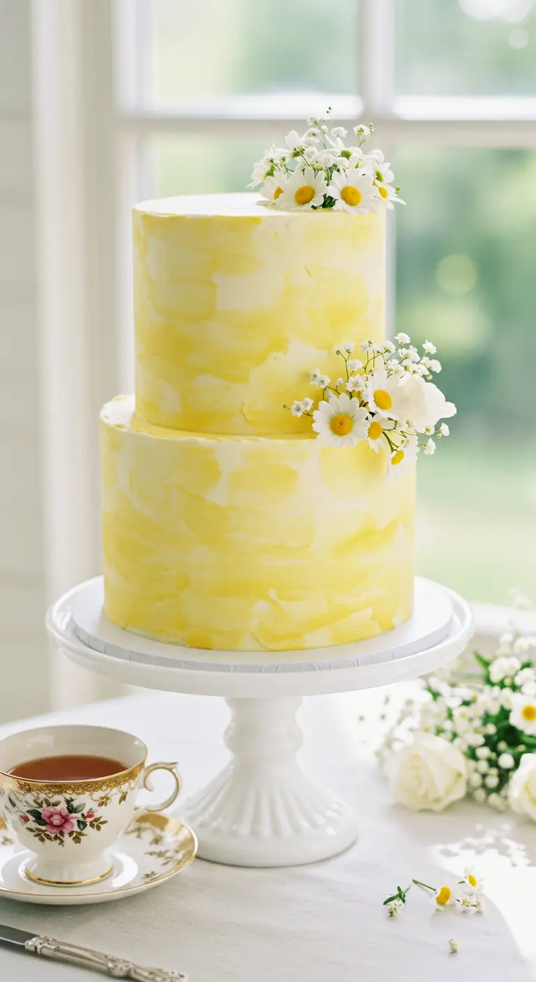 Zweistöckige Torte mit gelbem Aquarell-Effekt, dekoriert mit echten Gänseblümchen.