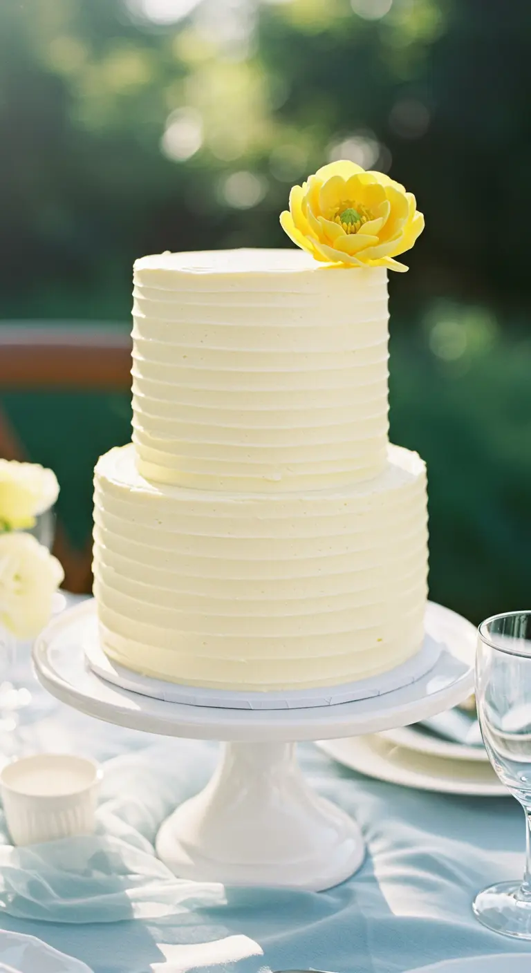 Zweistöckige, blassgelbe Torte mit Rillenstruktur und einer gelben Ranunkel.