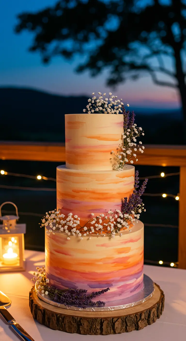 Dreistöckige Torte in Sonnenuntergangsfarben mit Lavendel und Schleierkraut.