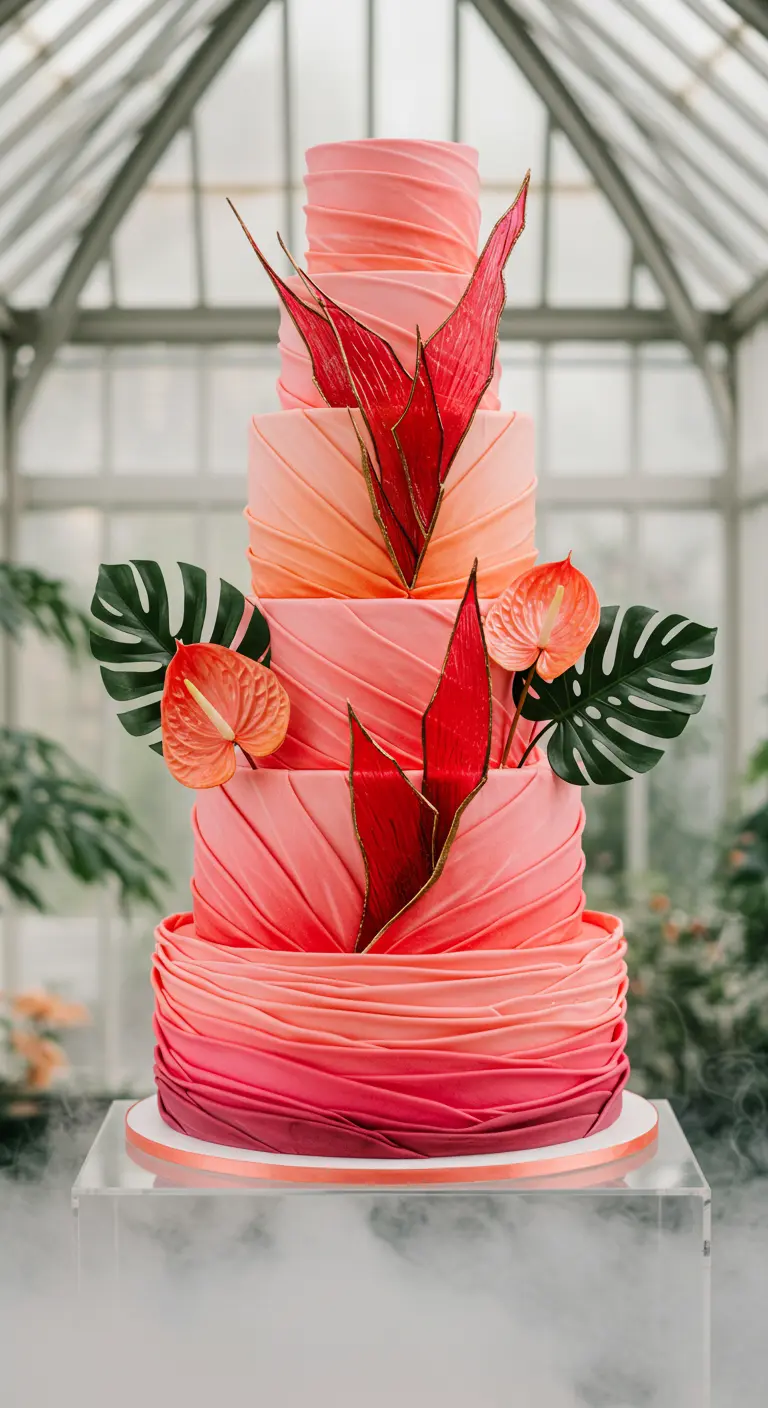 Mehrstöckige Torte in Pink-Orange-Ombré mit Rüschen, roten Blatt-Akzenten und Anthurien.
