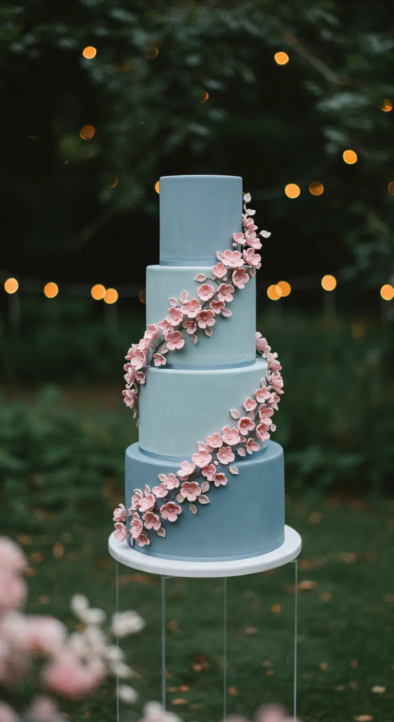 Vierstöckige Torte in Blau-Ombré, um die sich eine Spirale aus kleinen rosa Zuckerblüten rankt.