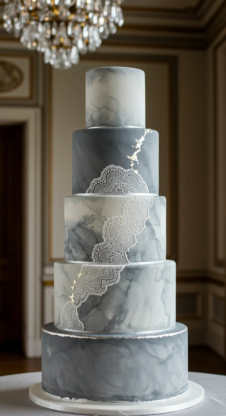 Fünfstöckige, grau-marmorierte Torte mit filigranem, weißen Zuckerspitzen-Muster und Goldakzenten.