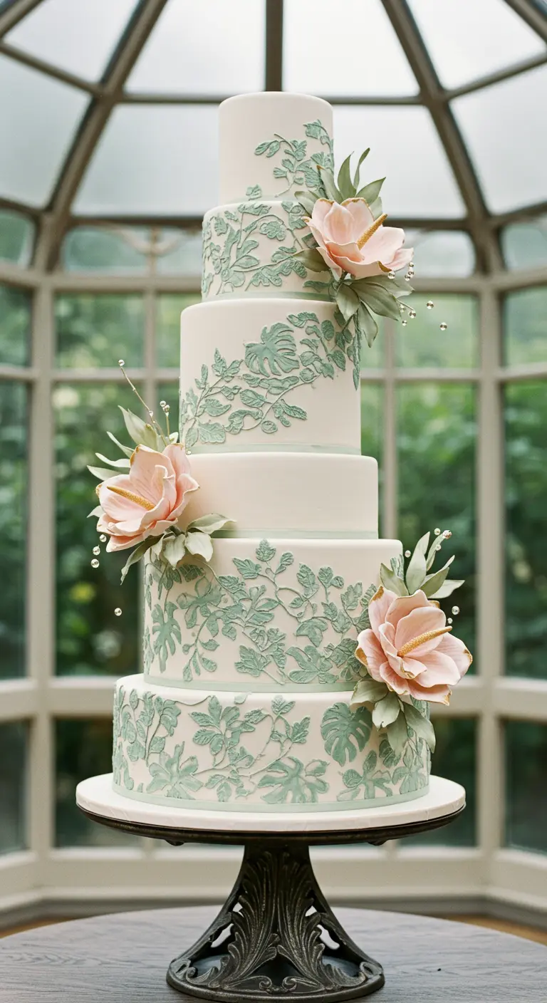 Weiße Torte mit mintgrünen Monstera-Prägungen und großen, pfirsichfarbenen Blüten mit goldenen Akzenten.