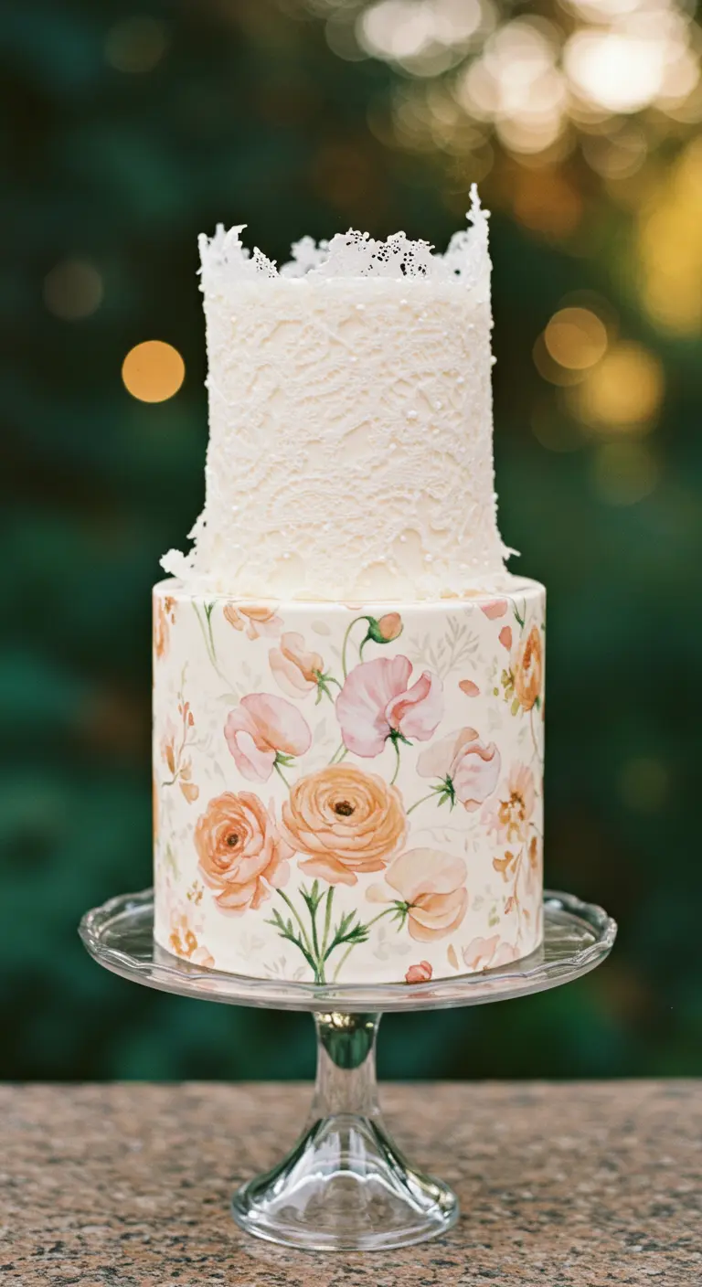Zweistöckige Torte mit floral bemaltem Boden und strukturierter Spitze oben.