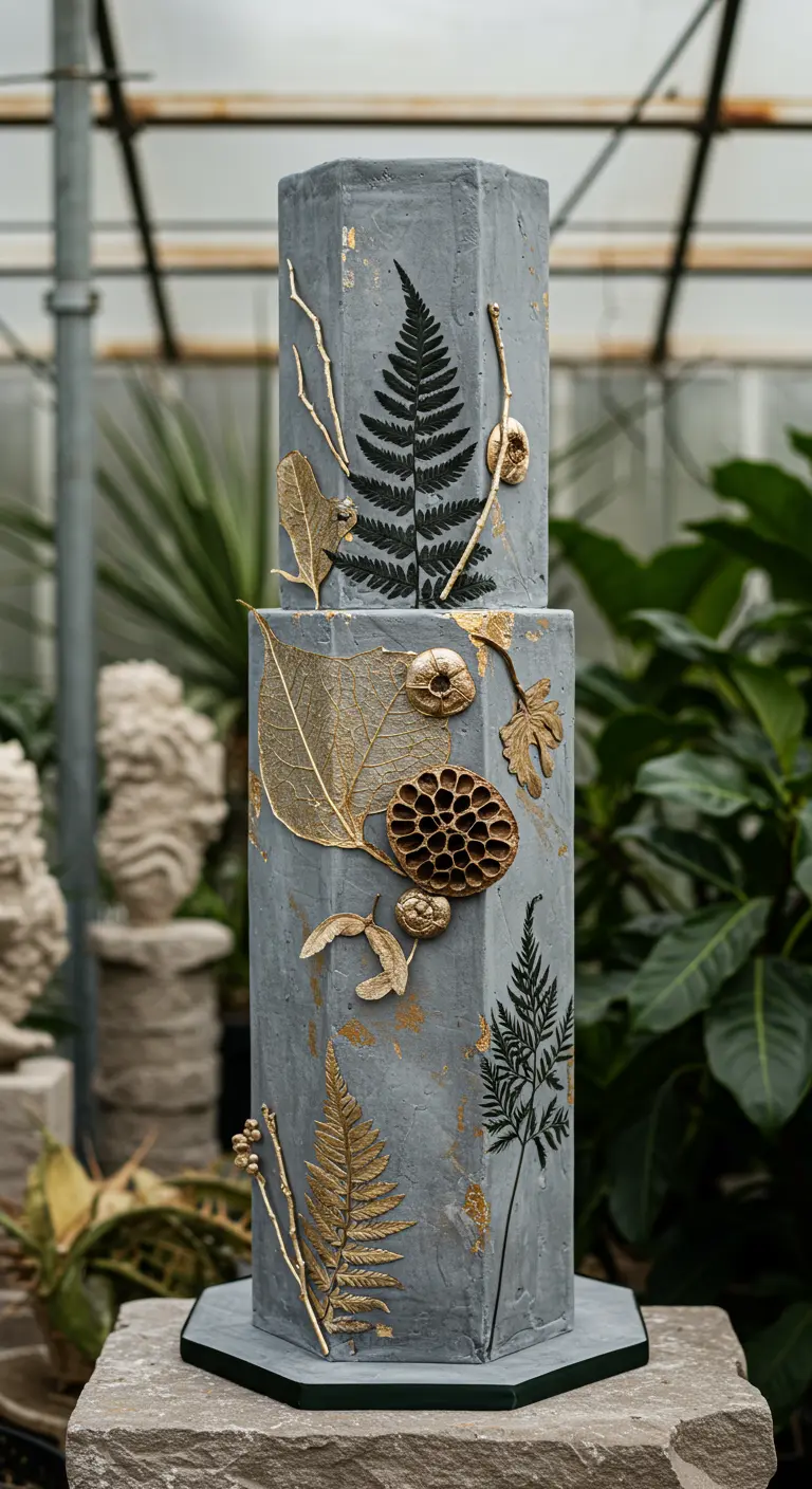 Graue, eckige Hochzeitstorte mit Relief aus goldenen Blättern und getrockneten Pflanzen.