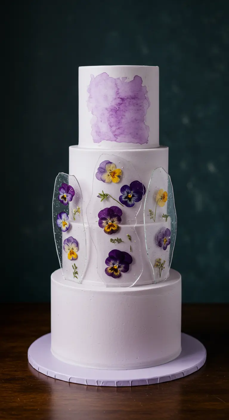 Weiße Torte mit echten Stiefmütterchen in transparenten Zuckerpaneelen.