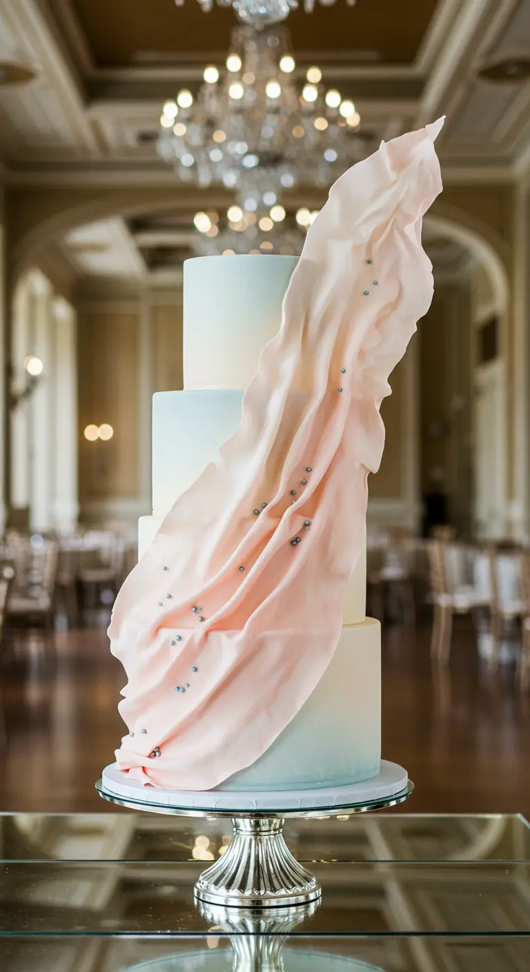 Hohe Hochzeitstorte mit einem Ombré-Farbverlauf und einer großen, rosafarbenen Zuckerdrapierung mit Perlen.