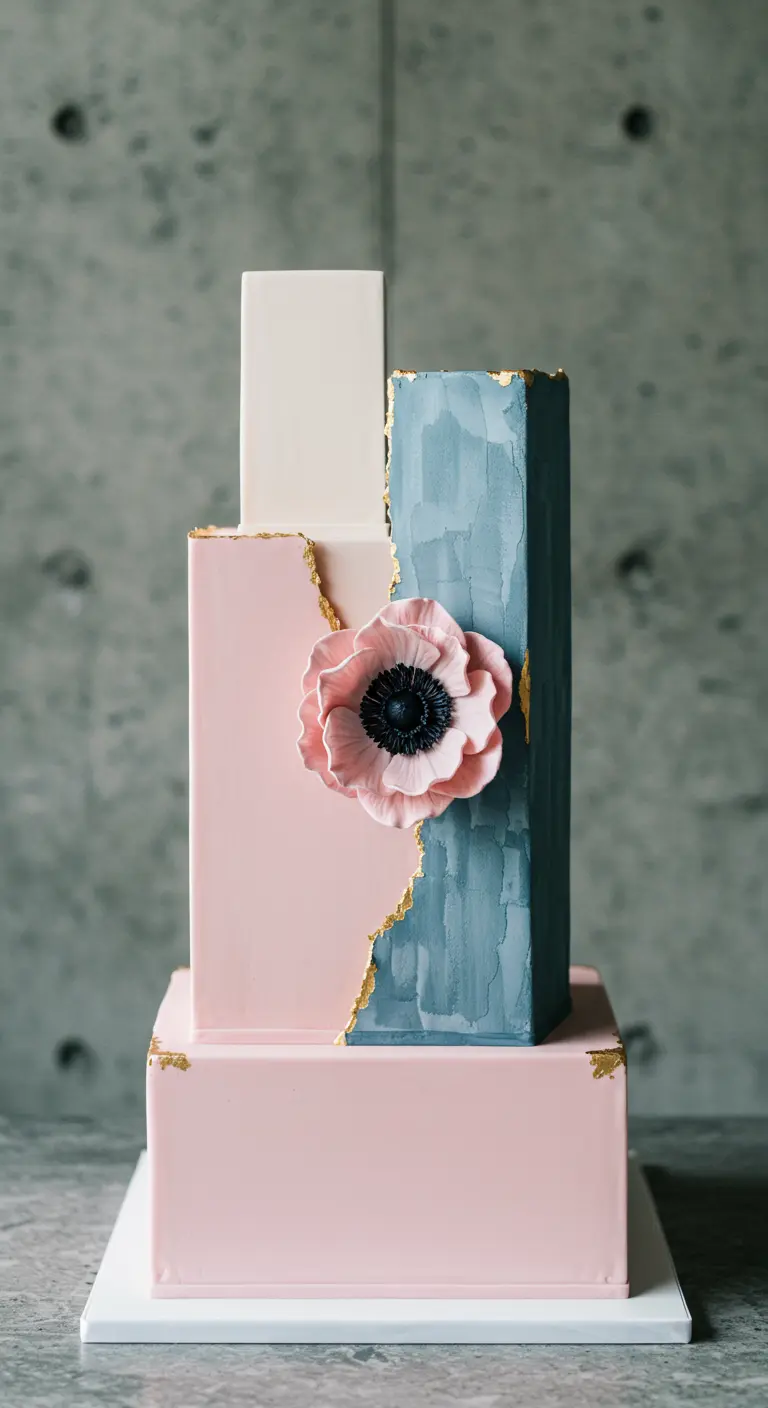 Moderne, mehrstöckige Torte in Rosé und Dusty Blue mit rauen, goldenen Kanten und einer großen Mohnblume.