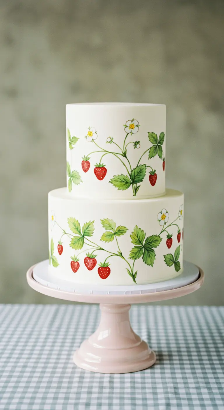 Zweistöckige weiße Torte mit handgemalten Erdbeer-Ranken auf einem rosa Tortenständer.