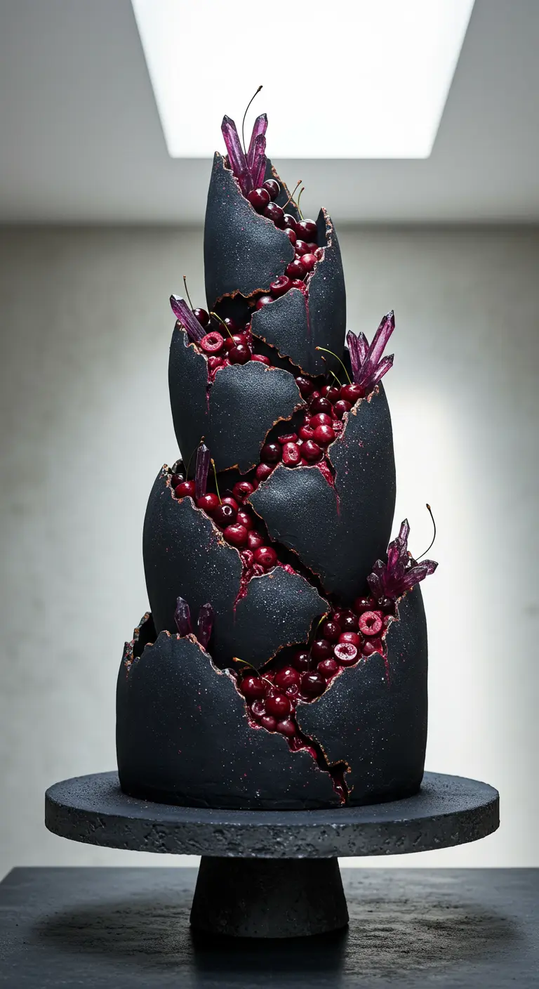 Dreistöckige schwarze Torte mit großen Rissen, aus denen rote Kirschen und lilafarbene Zuckerkristalle ragen