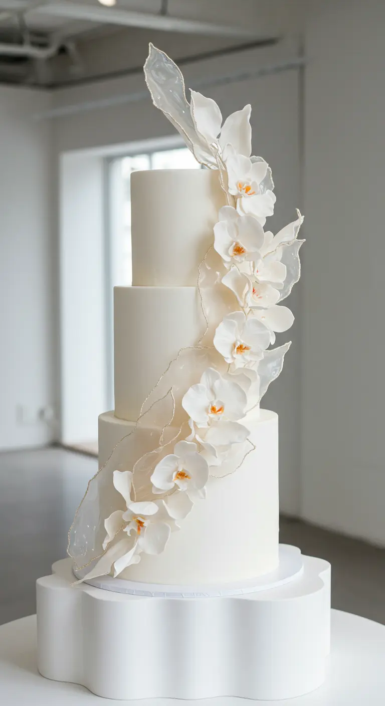 Mehrstöckige weiße Hochzeitstorte mit einer Kaskade aus weißen Zucker-Orchideen und transparenten, geschwungenen Bändern.
