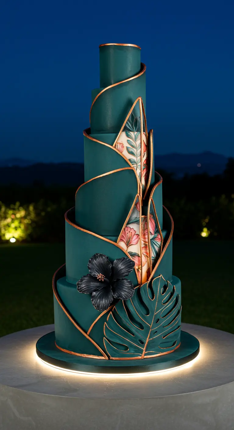 Dunkelgrüne, geometrische Torte mit goldenen Linien, floralen Einblicken und einer schwarzen Hibiskusblüte.
