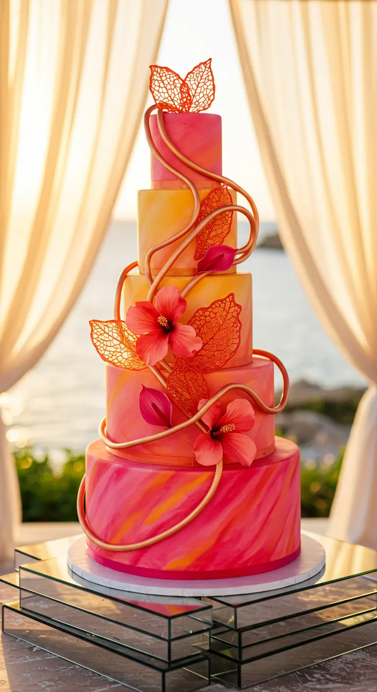 Torte in Orange-Pink-Gelb mit dynamischem Farbverlauf, goldenen Ranken und tropischen Blüten.
