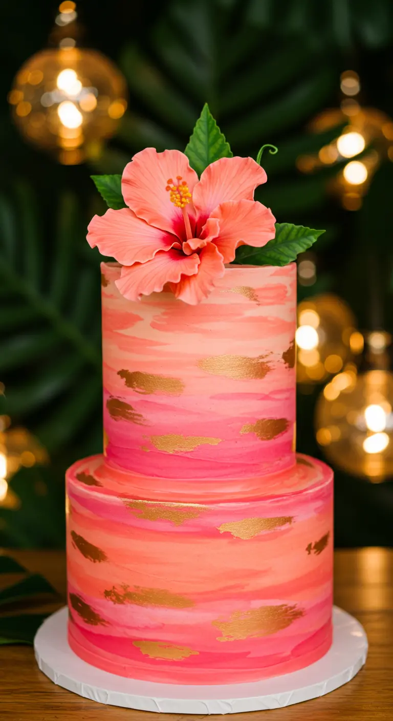Zweistöckige Torte mit korall- und pinkfarbenen Pinselstrichen, Goldakzenten und Hibiskusblüte.