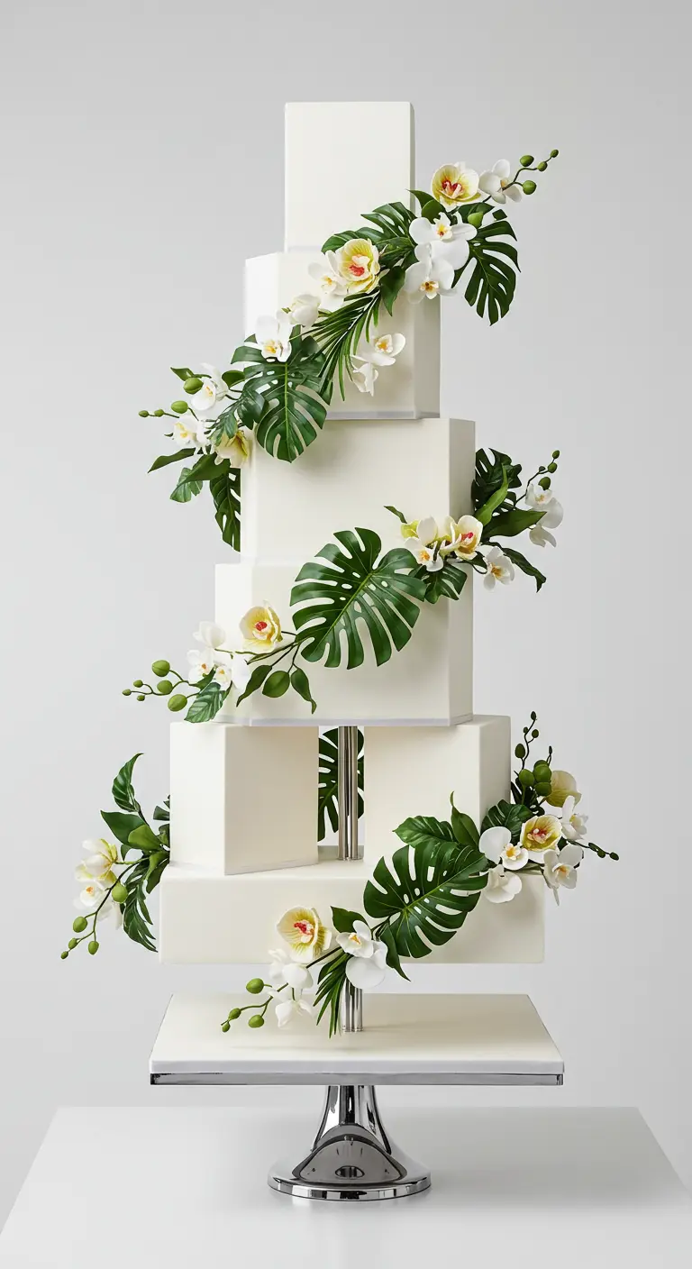 Weiße, würfelförmige Hochzeitstorte mit übergroßen, grünen Monstera-Blättern und weißen Orchideen.