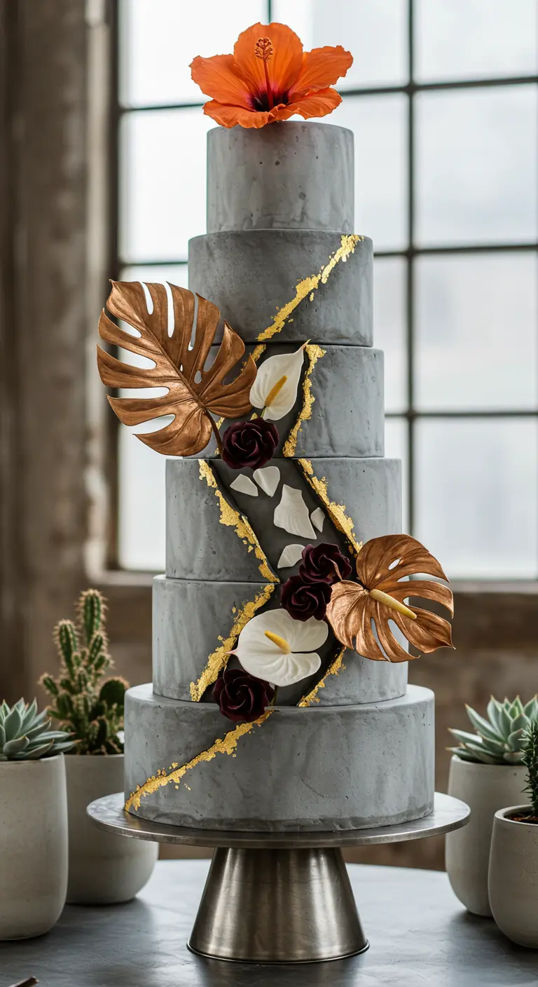 Graue Torte im Beton-Look mit goldener Spalte, goldenen Monstera-Blättern, dunkelroten Rosen und weißen Anthurien.