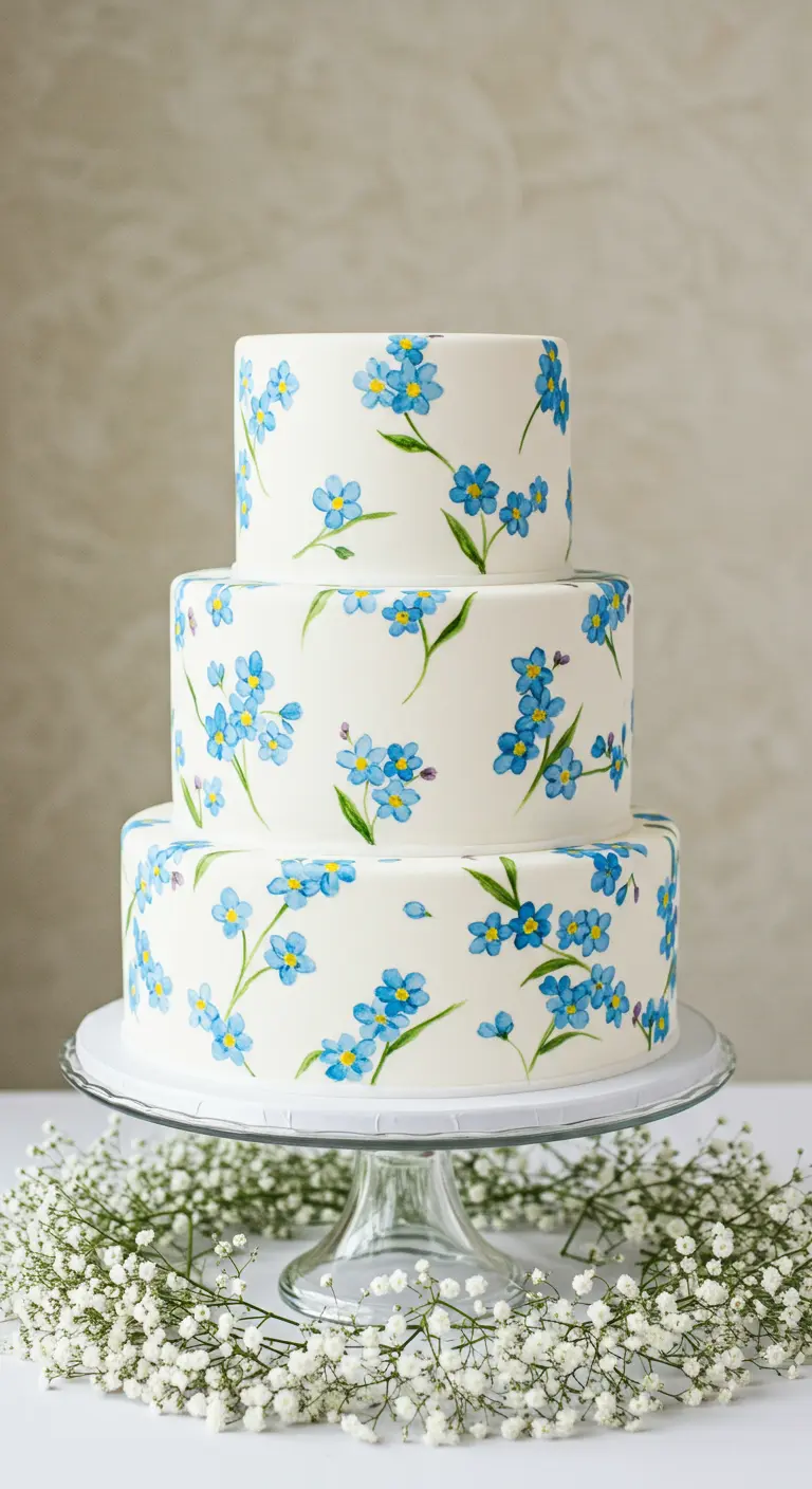 Dreistöckige weiße Torte, über und über mit handgemalten, blauen Vergissmeinnicht-Blüten bemalt.