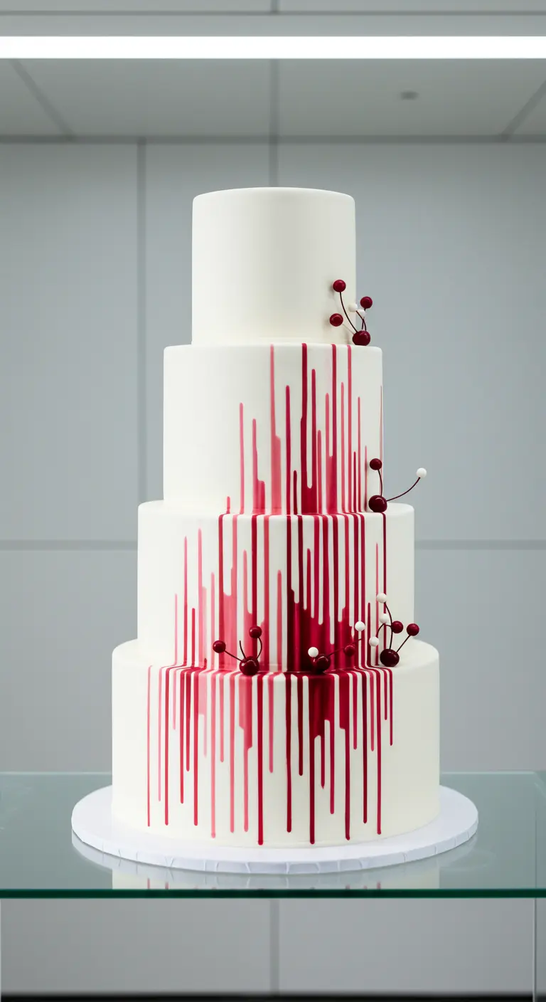 Hohe, mehrstöckige weiße Torte mit roten Drips, die von oben nach unten verlaufen, und einzelnen Kirschen