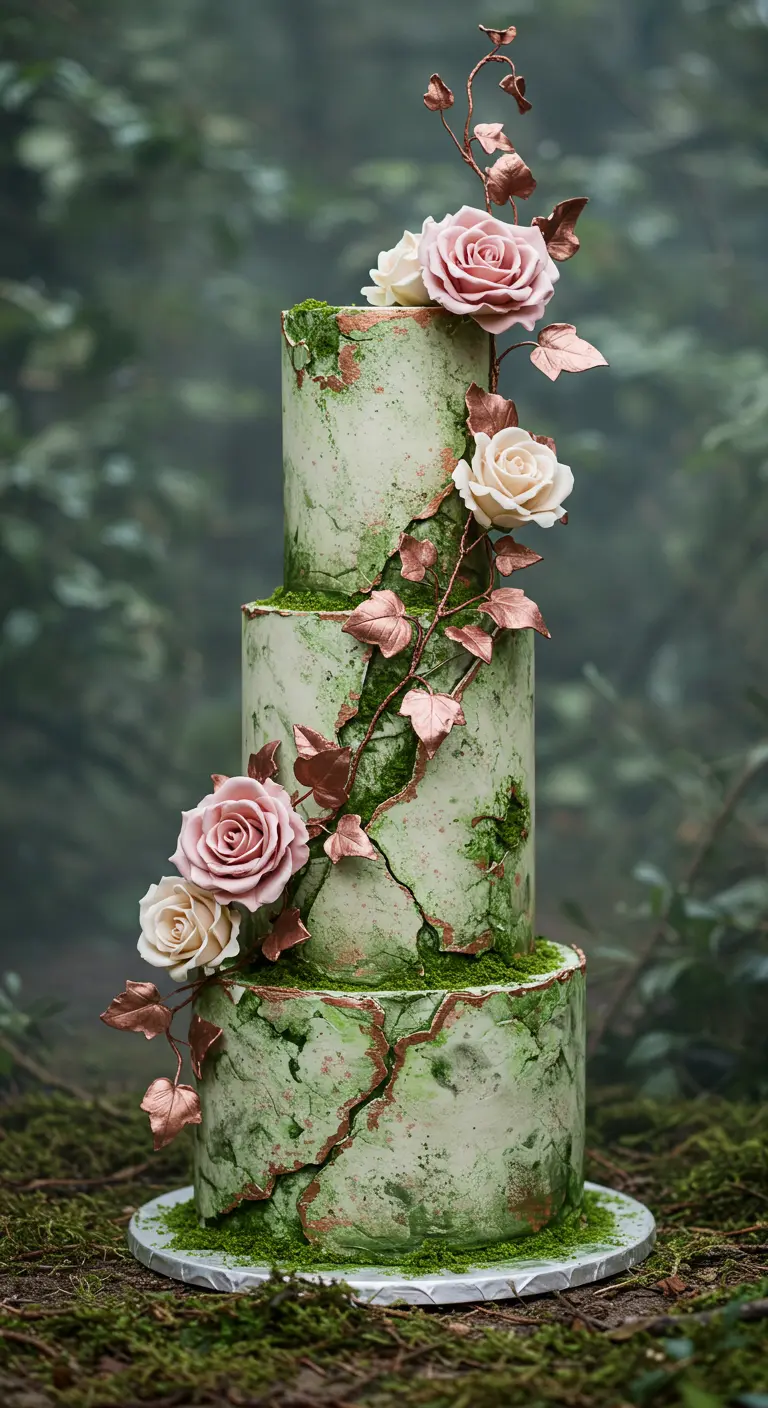 Grüne Torte in Moos- und Steinoptik mit Roségold-Ranken und rosa Seidenrosen.