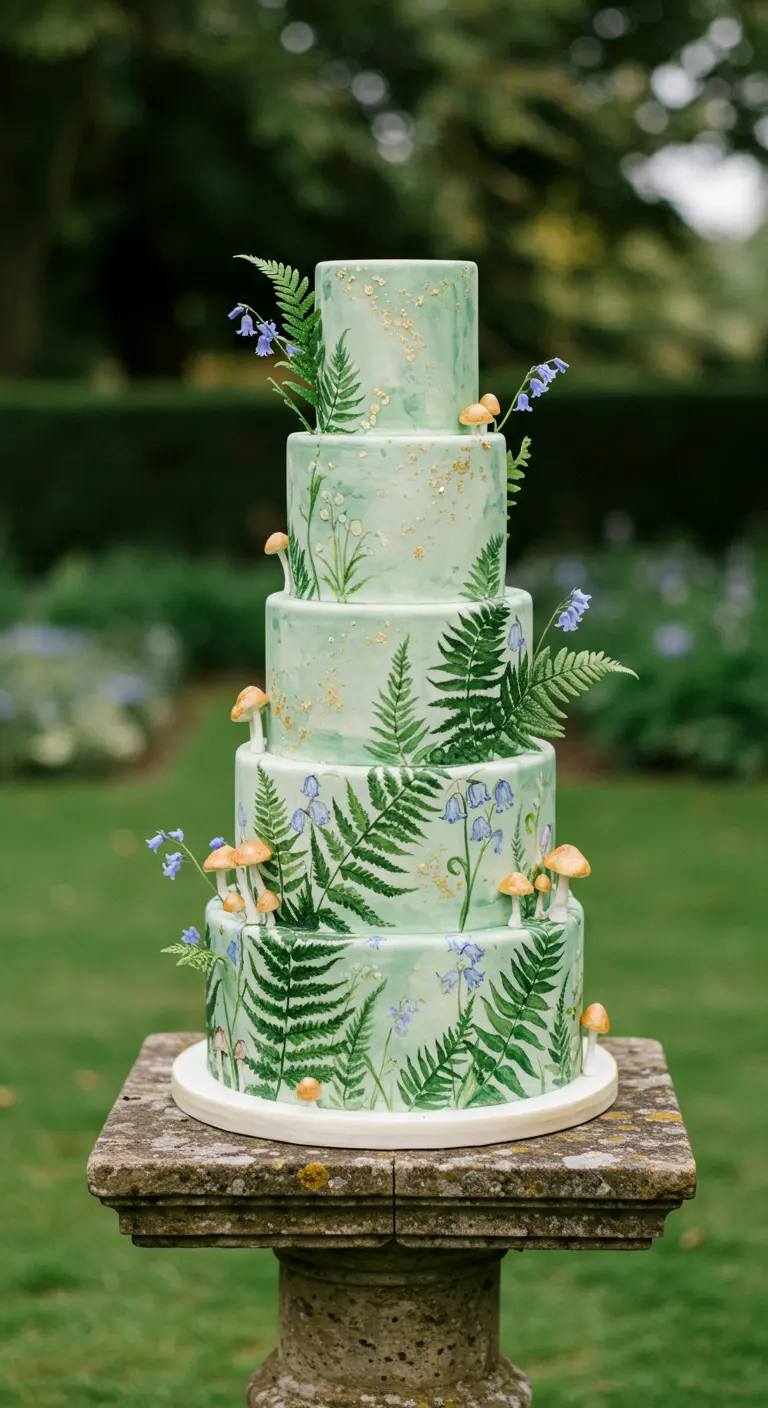 Grüne mehrstöckige Torte mit handgemalten Farnen, kleinen Pilzen und blauen Blumen.