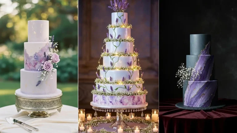 Eindrucksvolle Hochzeitstorte, verziert mit Lavendel, Schleierkraut, Lichterketten und zarten Aquarell-Details.