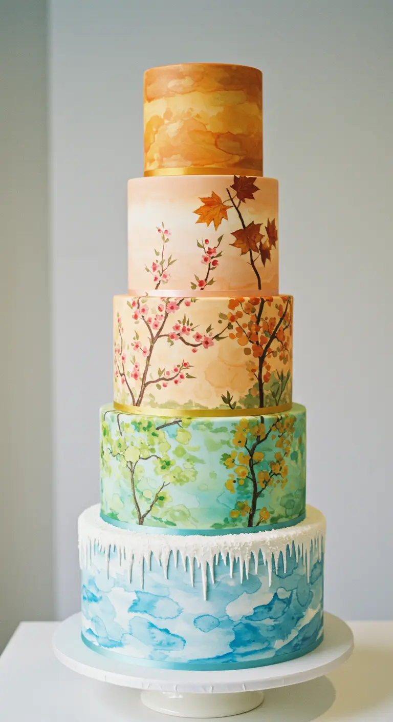 Fünfstöckige Torte, die die vier Jahreszeiten mit passenden Farben und Motiven darstellt.