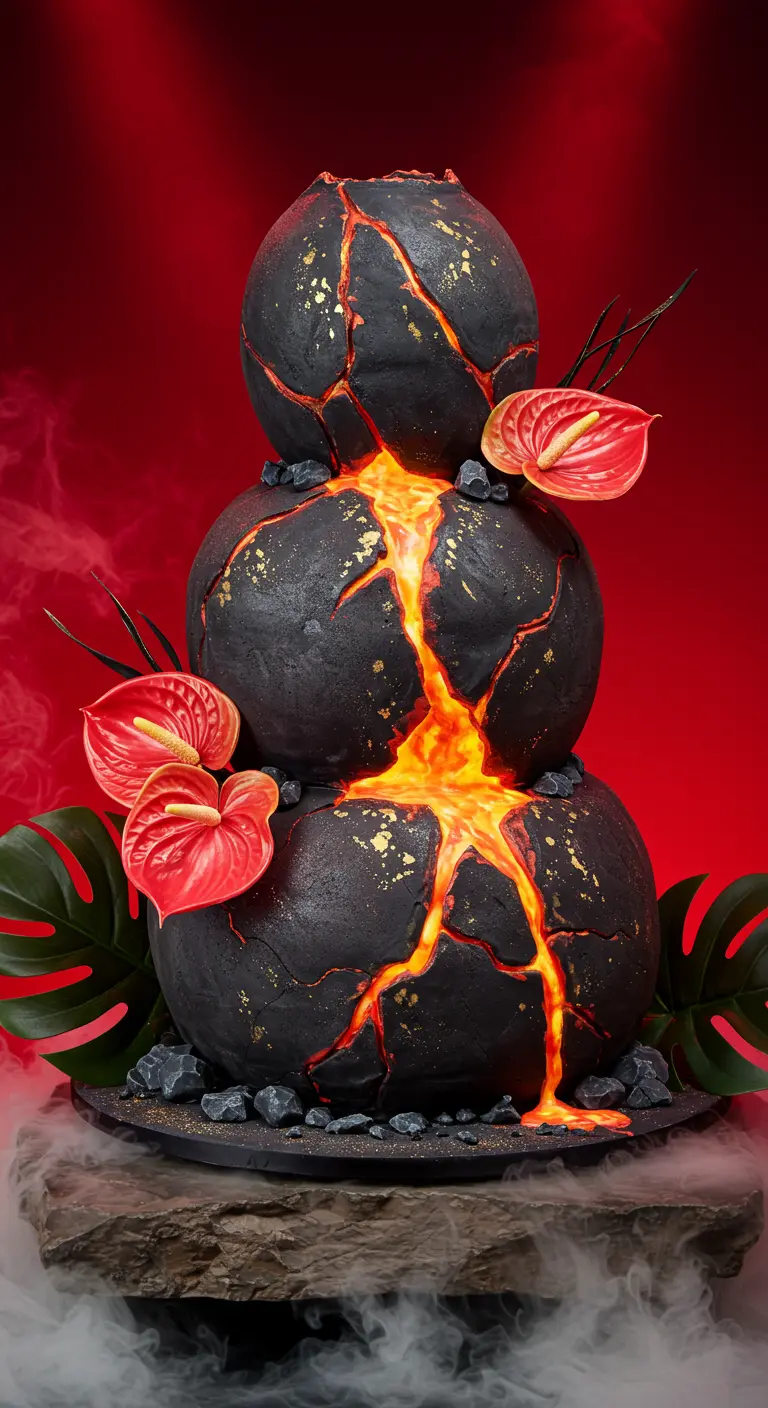 Dreistöckige, schwarze Torte in Form von Lavagestein mit fließender, oranger Lava und roten Anthurien.