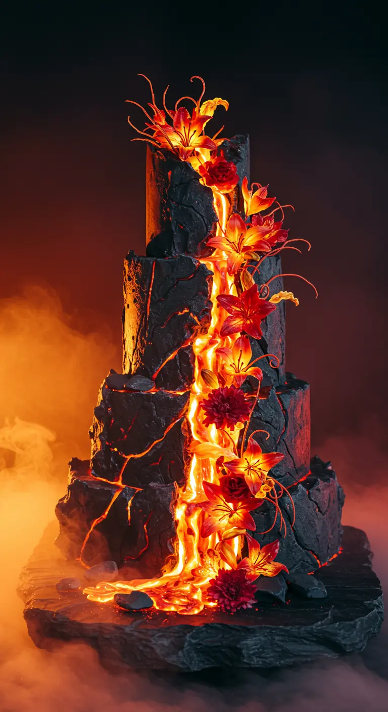Mehrstöckige schwarze Hochzeitstorte in Vulkan-Optik mit leuchtenden, roten Rissen und roten und orangen Zuckerblüten.