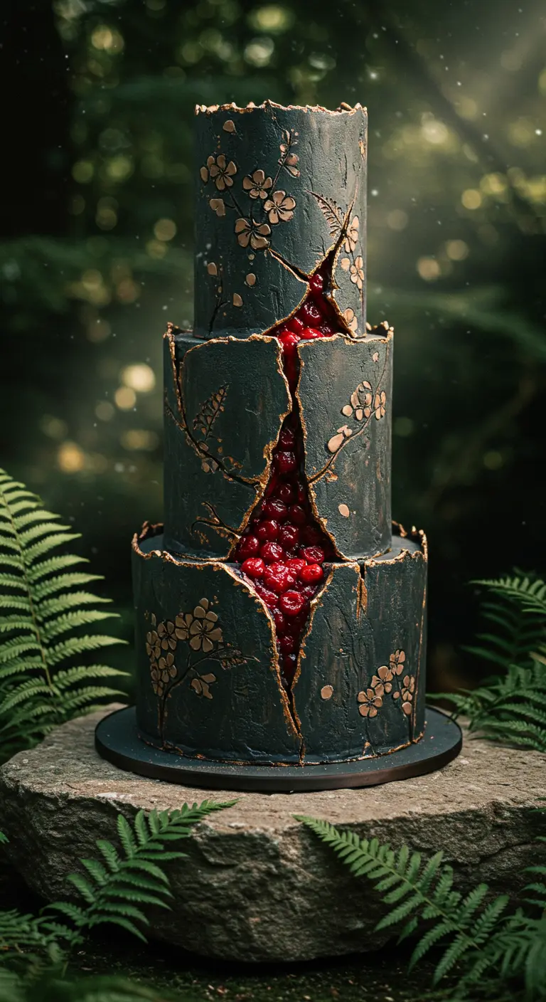 Dreistöckige dunkle Torte mit Rissen und goldenen Kirschblüten, aus denen rote Kirschen ragen
