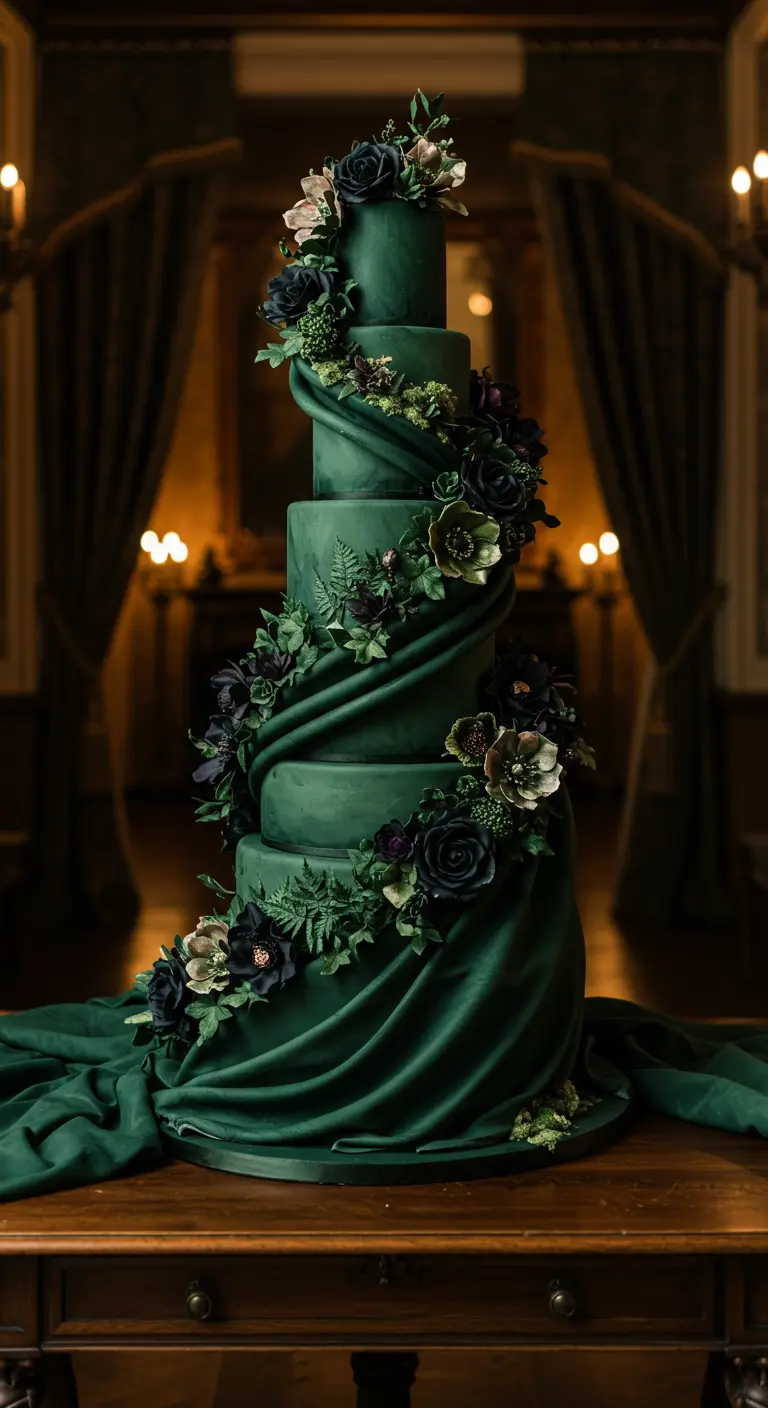 Dunkelgrüne, mehrstöckige Hochzeitstorte mit Samtoptik, drapierter Stoffbahn und dunklen Zuckerblüten.