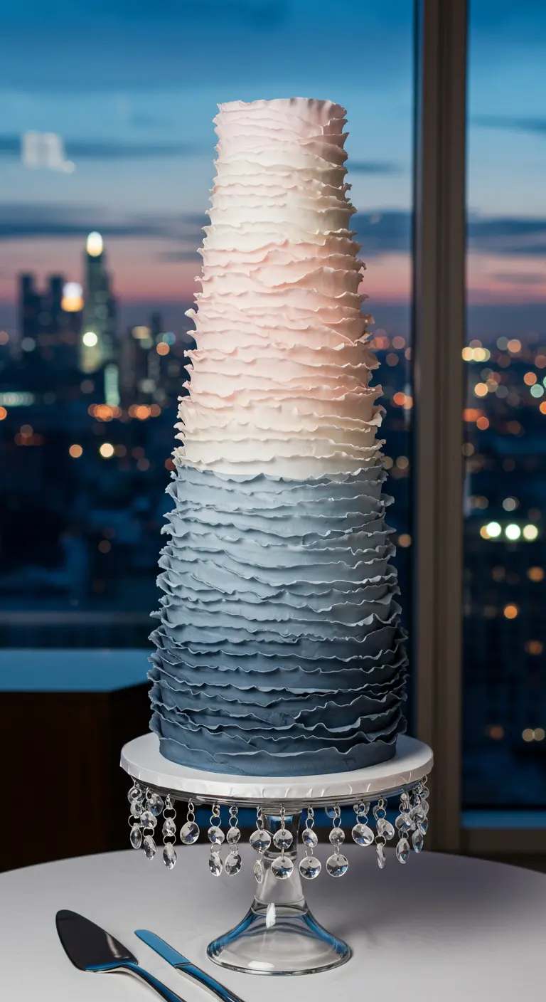 Sehr hohe Torte mit vertikalen Rüschen in einem Farbverlauf von Weiß über Rosa zu Blau.
