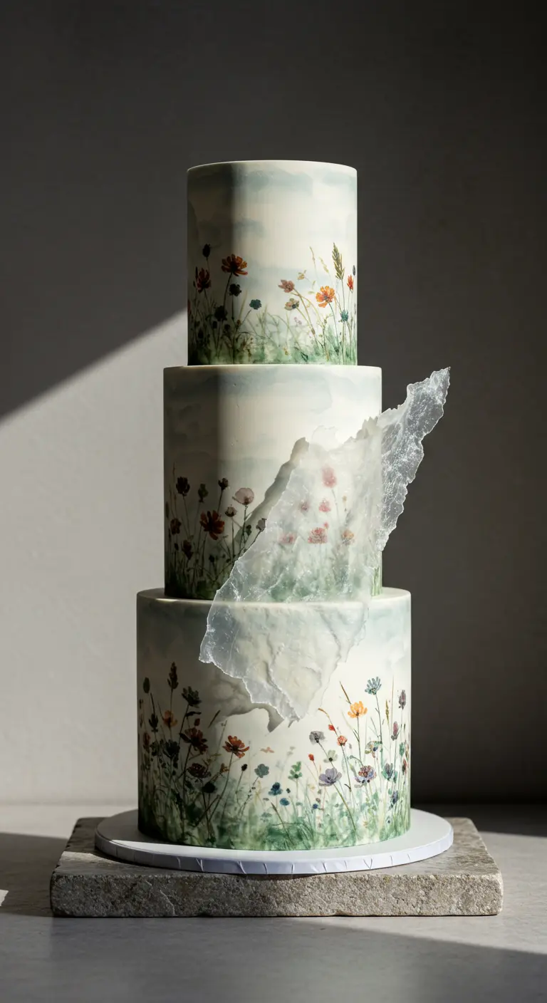 Dreistöckige Torte mit Wildblumen-Malerei auf grau-grünem Grund.