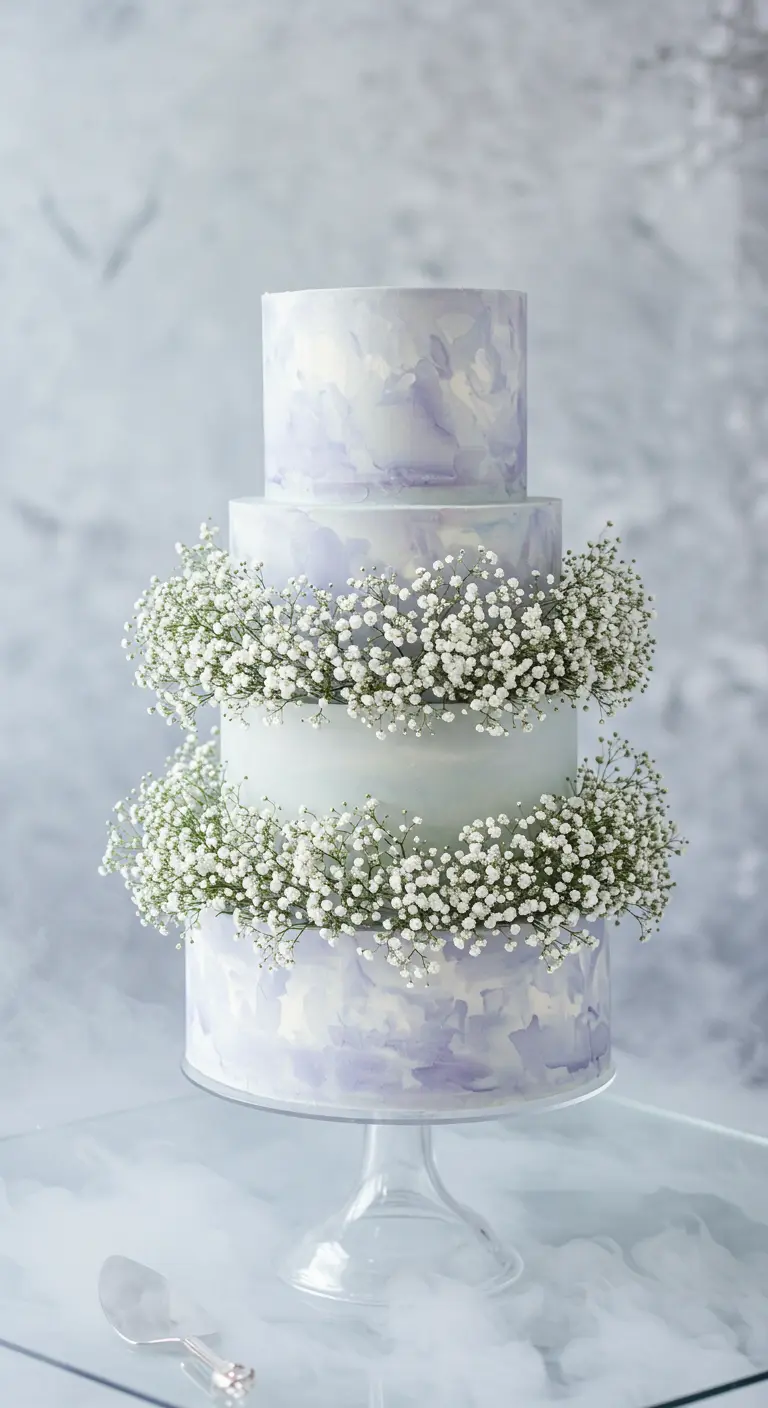 Dreistöckige Torte mit dichten Schleierkraut-Kränzen zwischen den Etagen.