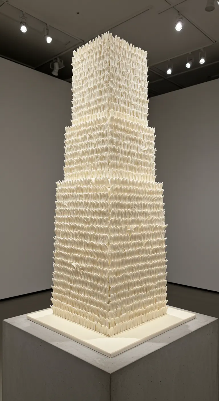 Hohe quadratische Hochzeitstorte, vollständig mit kleinen weißen Rüschentexturen bedeckt.