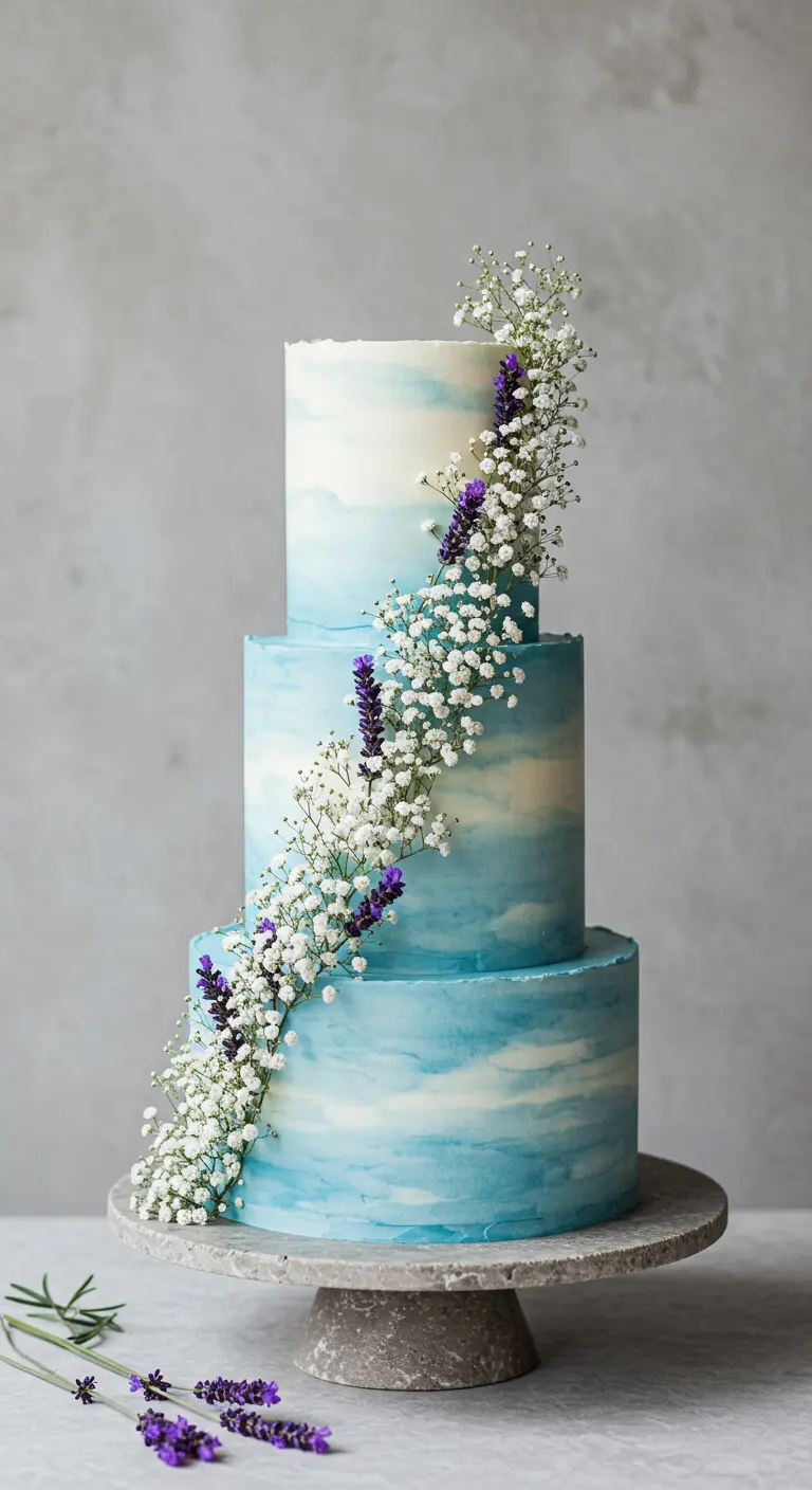 Dreistöckige Torte mit blauem Aquarell-Muster und Schleierkraut-Girlande.
