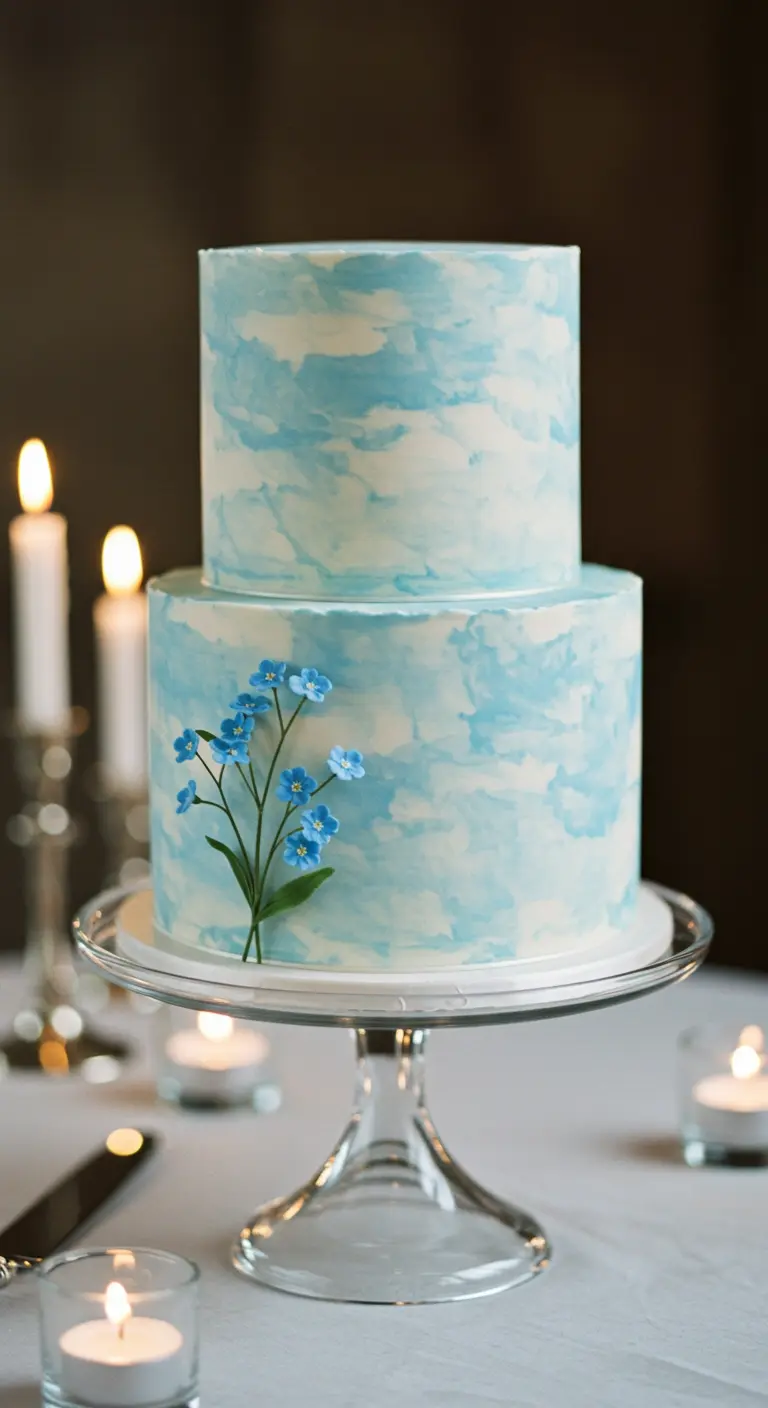 Zweistöckige Torte in Wolkenoptik mit einem Zweig blauer Vergissmeinnicht.