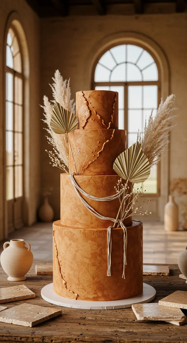 Terracotta-Hochzeitstorte mit Rissstruktur, Pampasgras und getrockneten Palmwedeln.