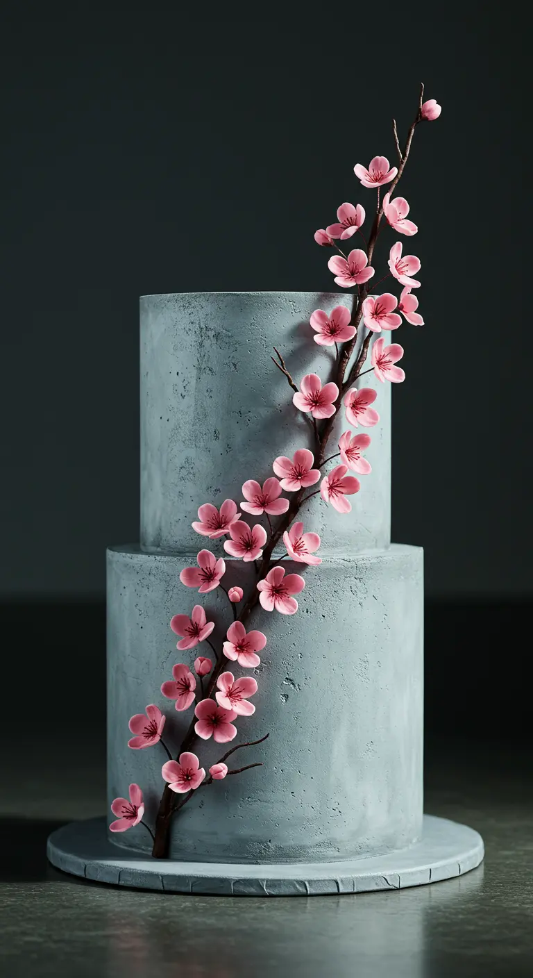 Zweistöckige Torte in Betonoptik, dekoriert mit einem dunklen Ast, an dem zarte rosa Kirschblüten sitzen.