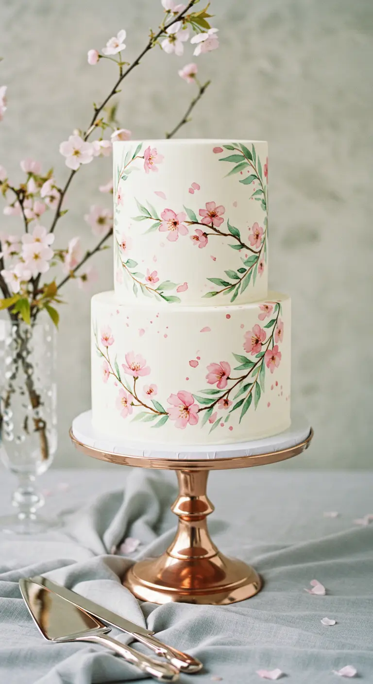 Zweistöckige weiße Torte mit handgemalten Kirschblütenkränzen auf einem Roségold-Tortenständer.