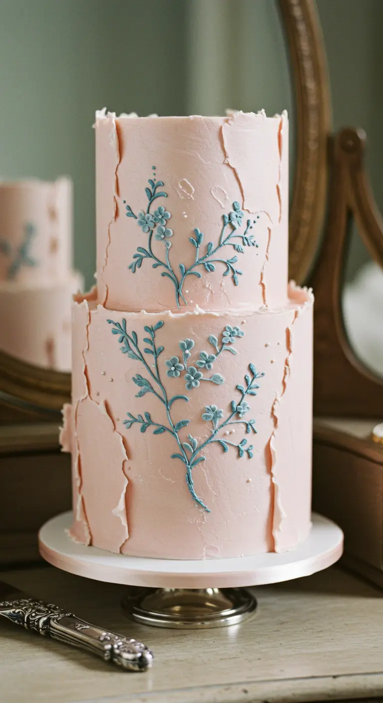 Zweistöckige rosa Torte mit rauen Kanten und einer feinen, blauen Blumendekoration, die an Stickerei erinnert.