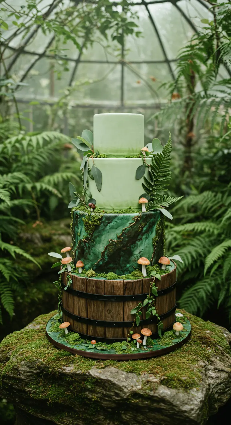 Hochzeitstorte, die wie eine Waldlandschaft mit Moos, Pilzen und Holzfass aussieht.